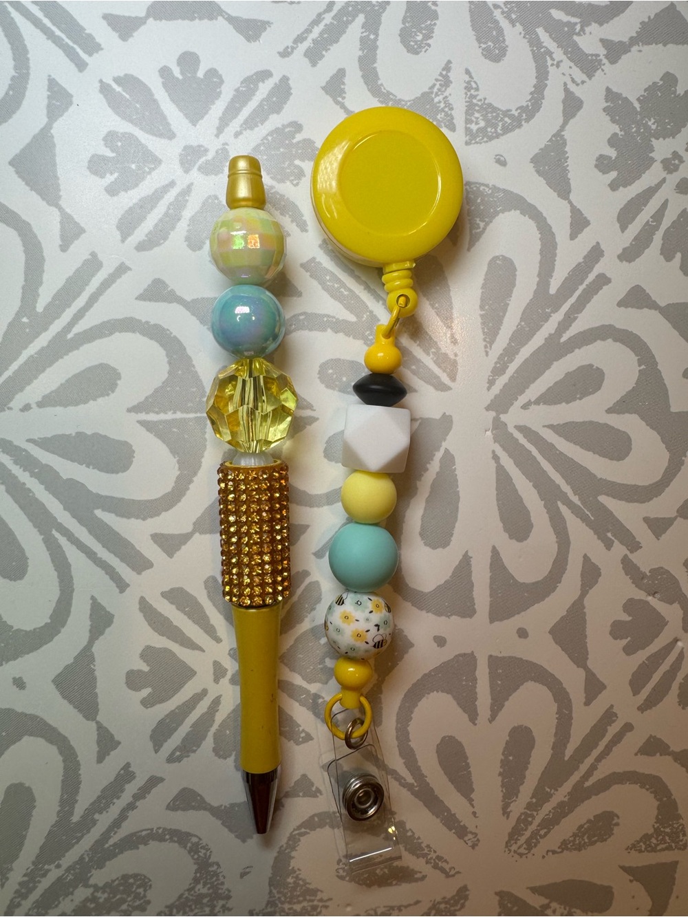Decorative Yellow Beaded Retractable Badge Reel and Pen Set
